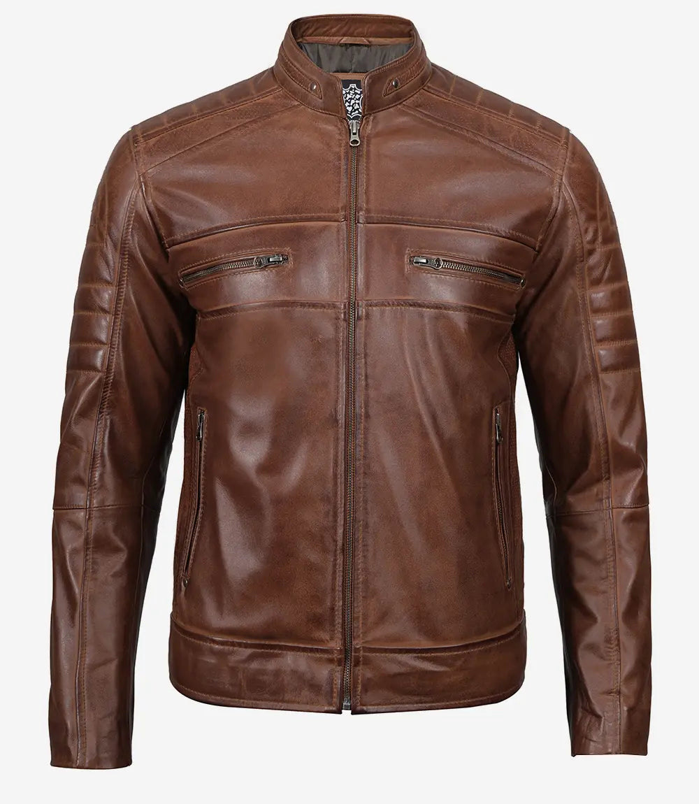 Lowridge Men’s Cognac Café Racer Leather Jacket
