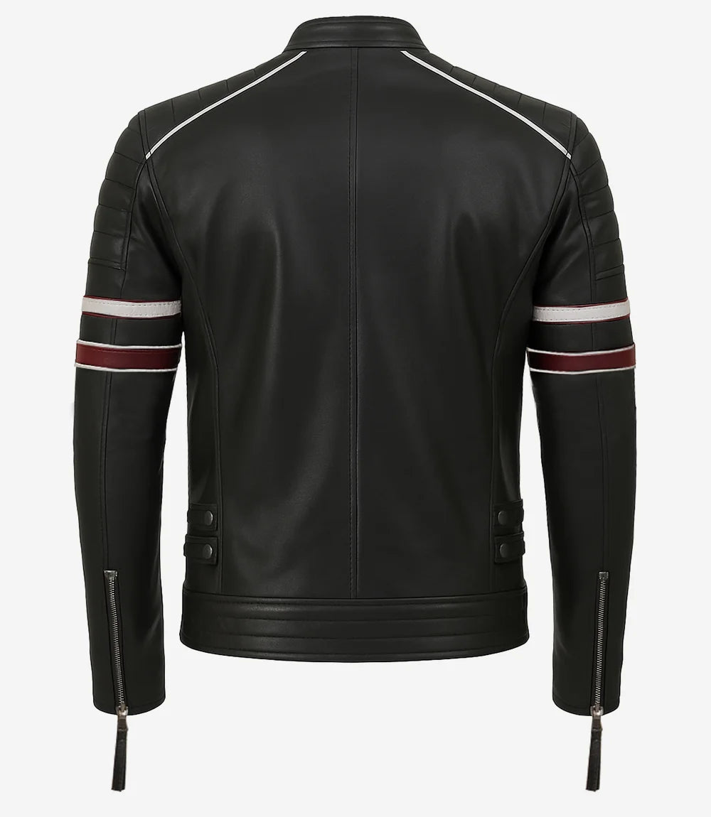 Black Speedster Leather Jacket - Classic Cafe Racer with Contrast Stripes