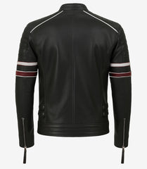 Black Speedster Leather Jacket - Classic Cafe Racer with Contrast Stripes