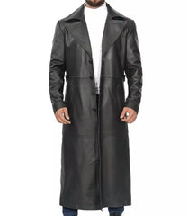 Men's Black Leather Full-Length Overcoat in Duster Style