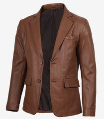 Men's Cognac Leather Blazer with Two-Button Closure & Notch Lapel