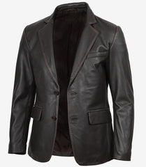 Men's Distressed Brown Real Leather Blazer with Two Button Closure