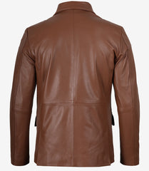 Men's Cognac Real Leather Blazer with Two Buttons & Notch Lapel