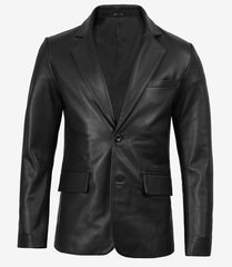 Men's Black Leather Blazer Featuring a Two-Button Notch-Lapel Design