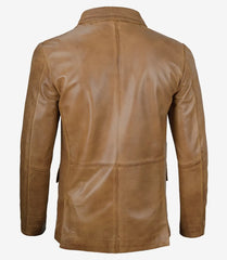 Men's Camel Brown Real Leather Blazer Featuring Two Buttons