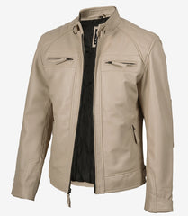 Men's Beige Leather Biker Jacket with Quilted Shoulders