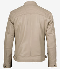Men's Beige Leather Biker Jacket with Quilted Shoulders