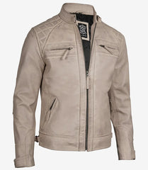 Men's Genuine Leather Biker Jacket in Warm Beige