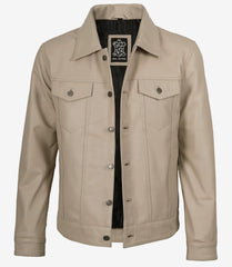 Men's Beige Lambskin Leather Trucker Jacket