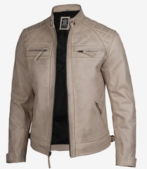 Men's Genuine Leather Biker Jacket in Warm Beige