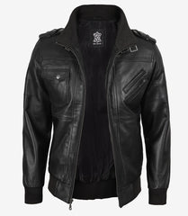 Men's Tall Black Leather Bomber Jacket with Detachable Hood