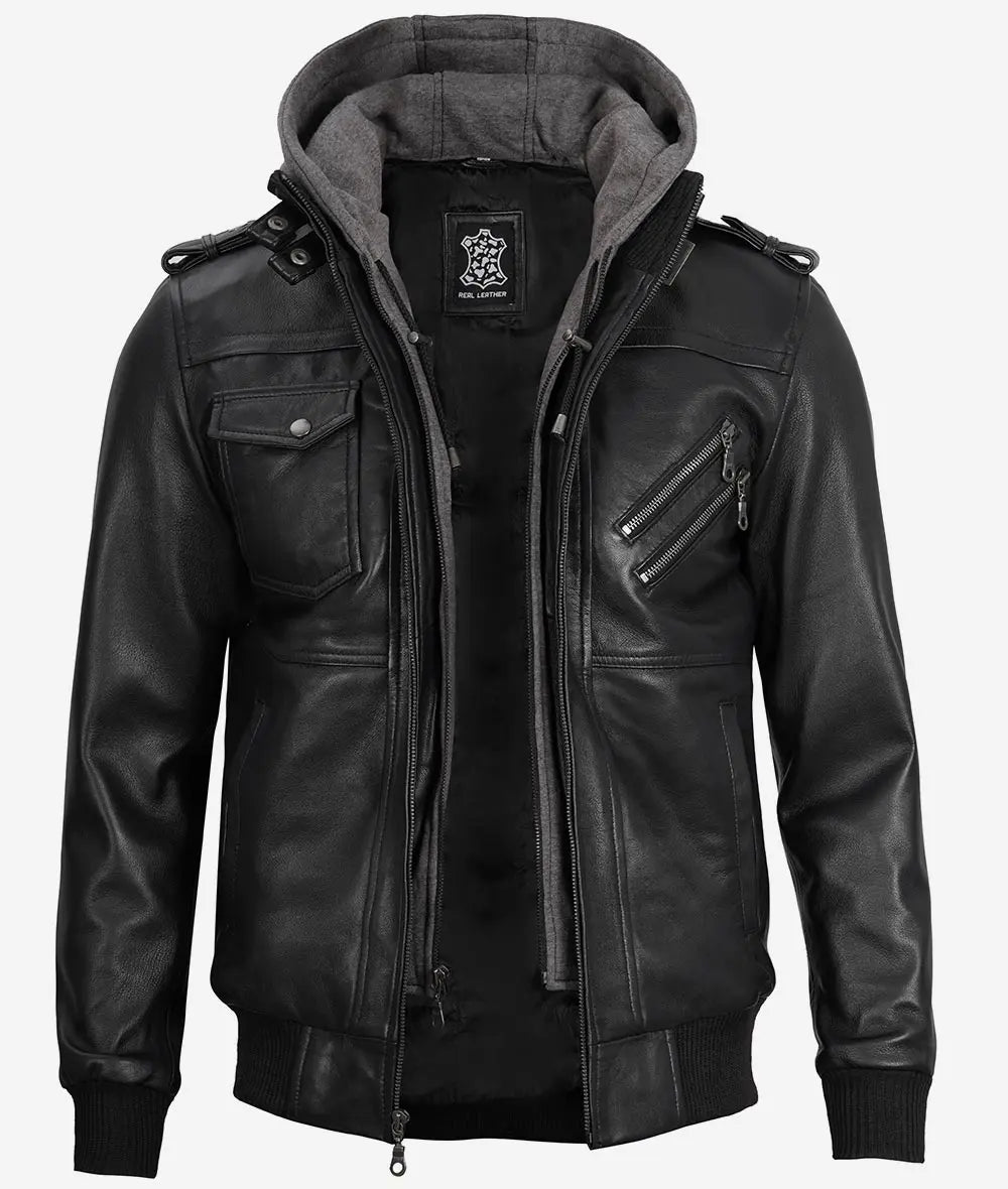 Men's Black Bomber Leather Jacket with Removable Hood