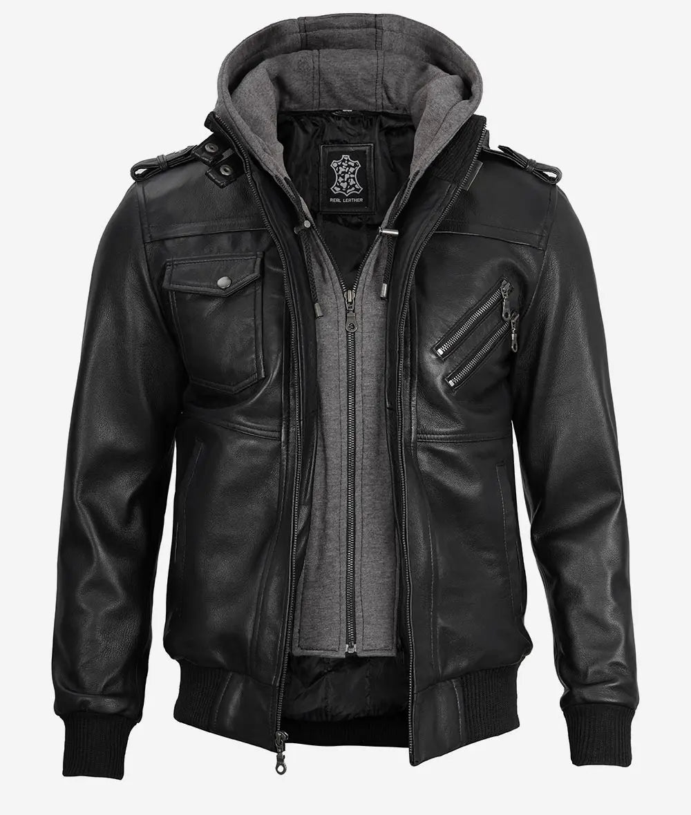 Men's Black Bomber Leather Jacket with Removable Hood