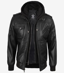 Men's Tall Black Leather Bomber Jacket with Detachable Hood