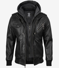 Men's Black Leather Jacket with Grey Hood
