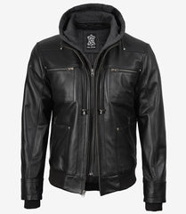 Men's Black Real Leather Bomber Jacket with Detachable Hood