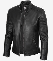 Men's Biker Style Leather Jacket in Black Lambskin