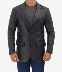 Men's Black Lambskin Leather Blazer with Notch Lapel and Two Buttons