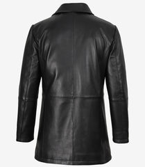 Men's 3/4-Length Black Leather Coat with Brown Detail