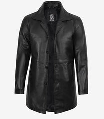 Men's Black Leather Car Coat in a 3/4 Length Cut