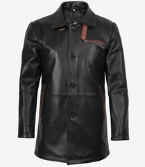 Men's 3/4-Length Black Leather Coat with Brown Detail