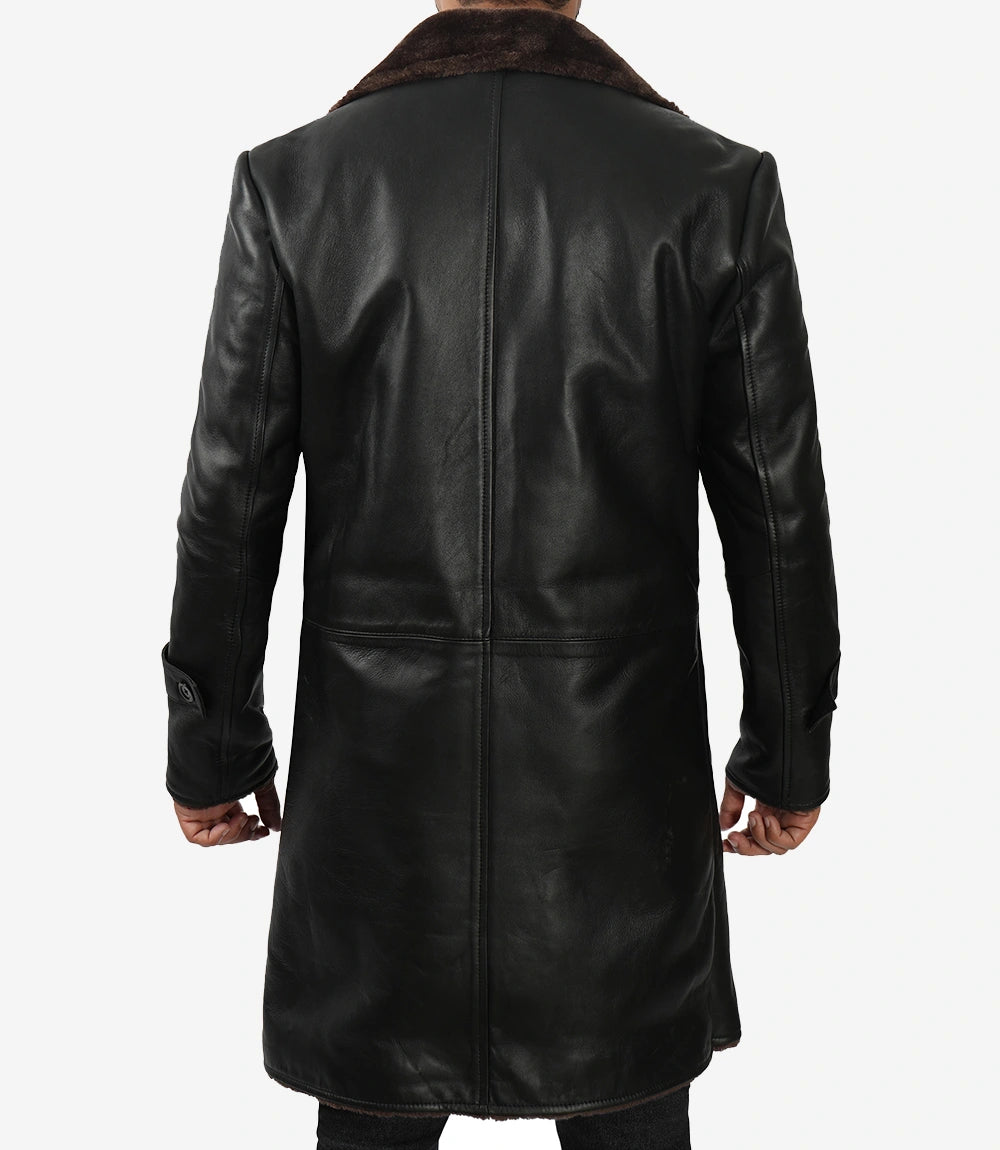 Mens Black Leather 3/4 Length Shearling Coat for Winter Essential