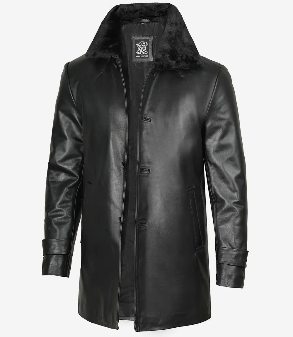 Mens Classic Fit Leather Coat with Faux Shearling Collar