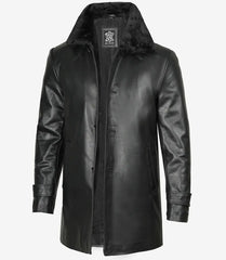 Mens Classic Fit Leather Coat with Faux Shearling Collar