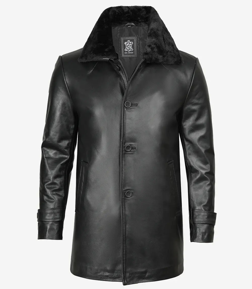 Mens Classic Fit Leather Coat with Faux Shearling Collar