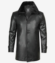 Mens Classic Fit Leather Coat with Faux Shearling Collar