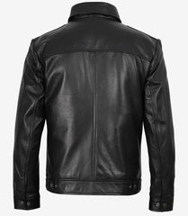 Reeves Men's Black Leather Harrington Jacket with Shirt Collar
