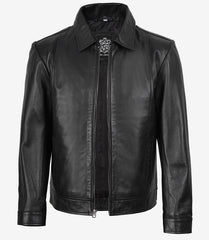 Reeves Men's Black Leather Harrington Jacket with Shirt Collar