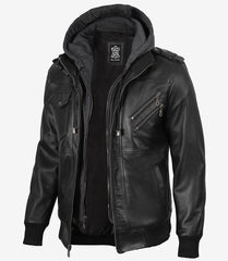 Men's Black Leather Jacket with Grey Hood