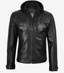 Men's Black Leather Jacket with Detachable Hoodie