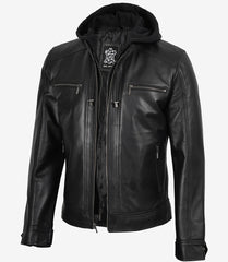 Men's Black Leather Jacket with Detachable Hoodie
