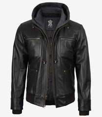 Men's Black Real Leather Bomber Jacket with Detachable Hood