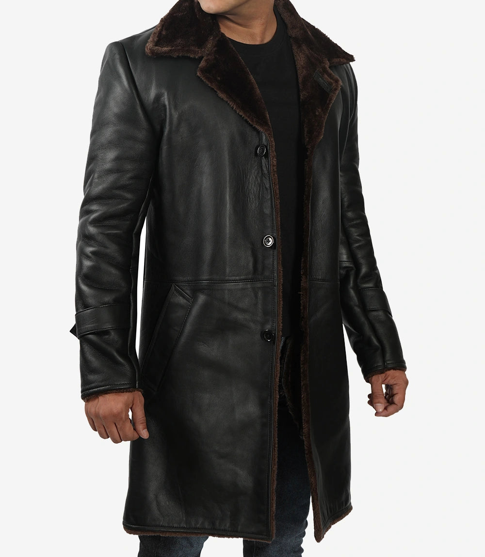 Mens Black Leather 3/4 Length Shearling Coat for Winter Essential