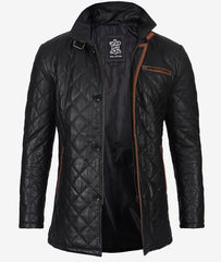 Men's Black Leather Car Coat with Diamond Quilting and Brown Detailing