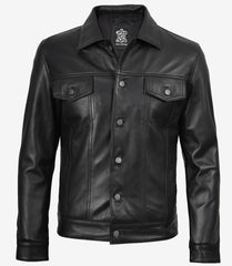 Men's Black Leather Trucker Jacket Designed with Four Functional Pockets