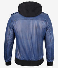 Men's Blue Waxed Bomber Jacket with Removable Hood