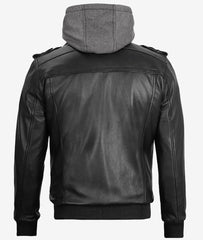 Men's Black Bomber Leather Jacket with Removable Hood