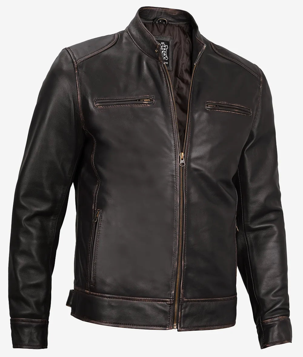 Men's Distressed Brown Cafe Racer Leather Jacket