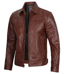 Men's Tall Brown Leather Jacket - Harrington Style