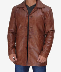 Men's Tall Cognac Waxed Leather Car Coat in 3/4 Length