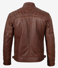 Men's Biker Leather Jacket in Cognac with Quilted Shoulders