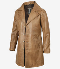 Men's Camel Brown Real Leather Coat in a Three-Quarter Length