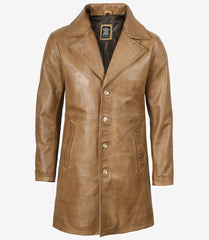 Men's Camel Brown Real Leather Coat in a Three-Quarter Length