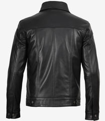 Men's Black Leather Trucker Jacket Designed with Four Functional Pockets
