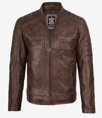 Men's Coffee Brown Distressed Leather Biker Jacket