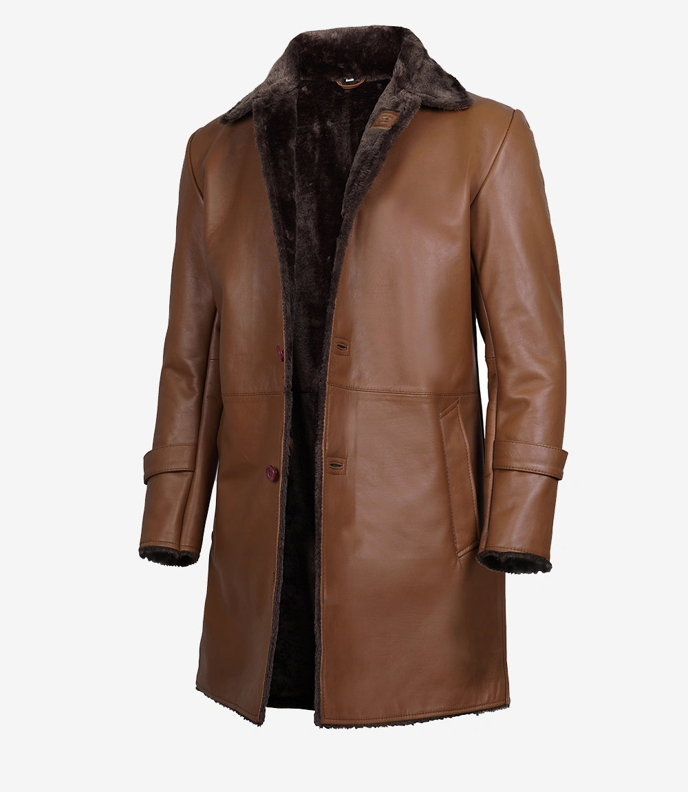 Men's Cognac Shearling Leather Overcoat – 3/4 Length with Lapel Collar